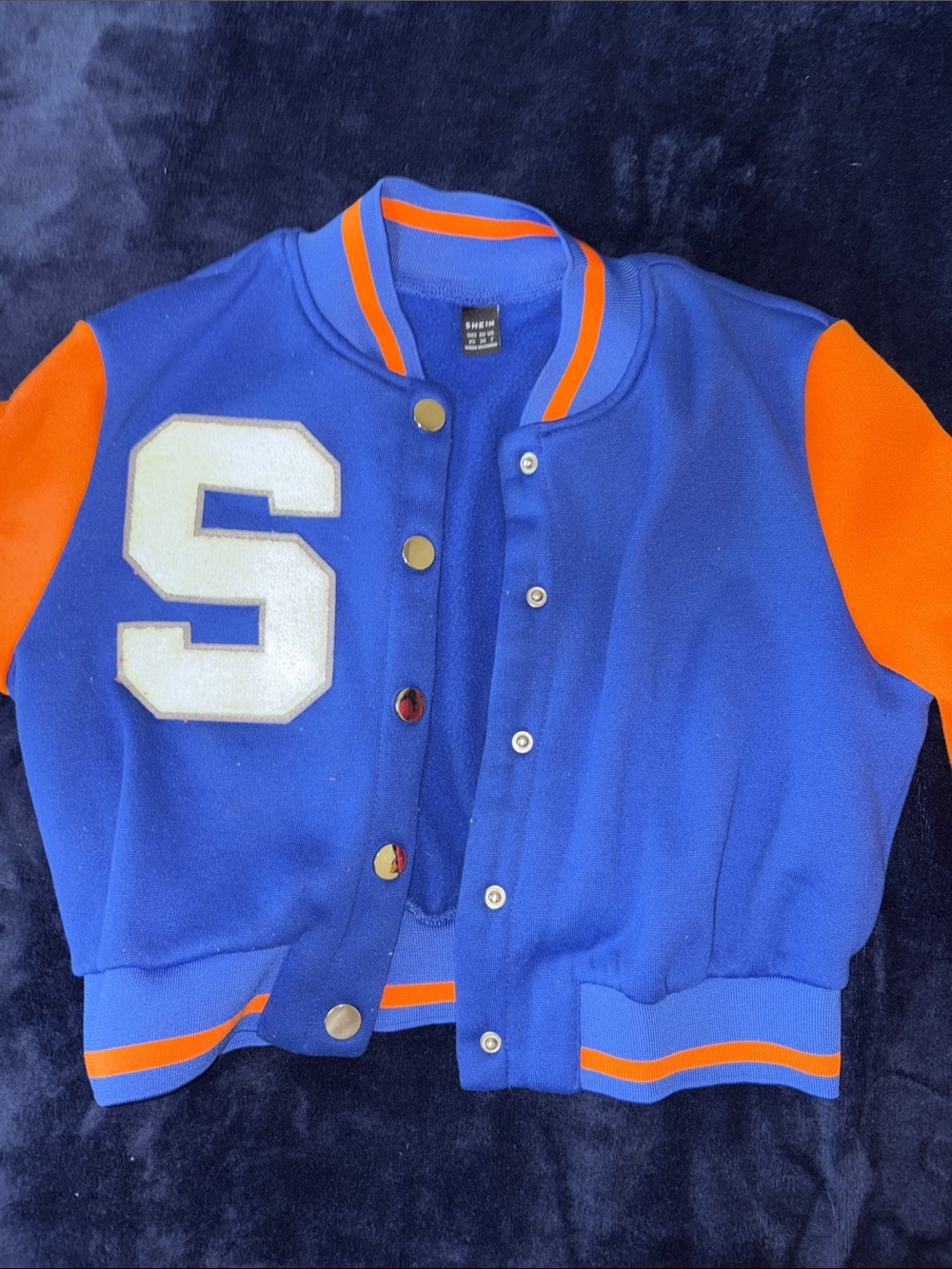 SHEIN Blue and Orange Varsity Jacket with White 'S' Patch